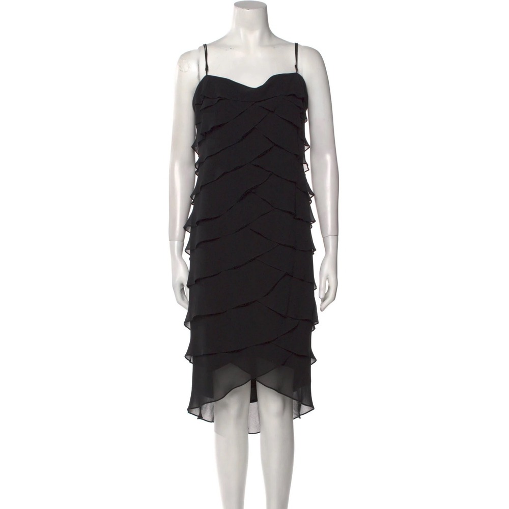 Tadashi Collection Black Tiered Ruffle 100% Silk Cocktail Party Midi Dress Sz 8